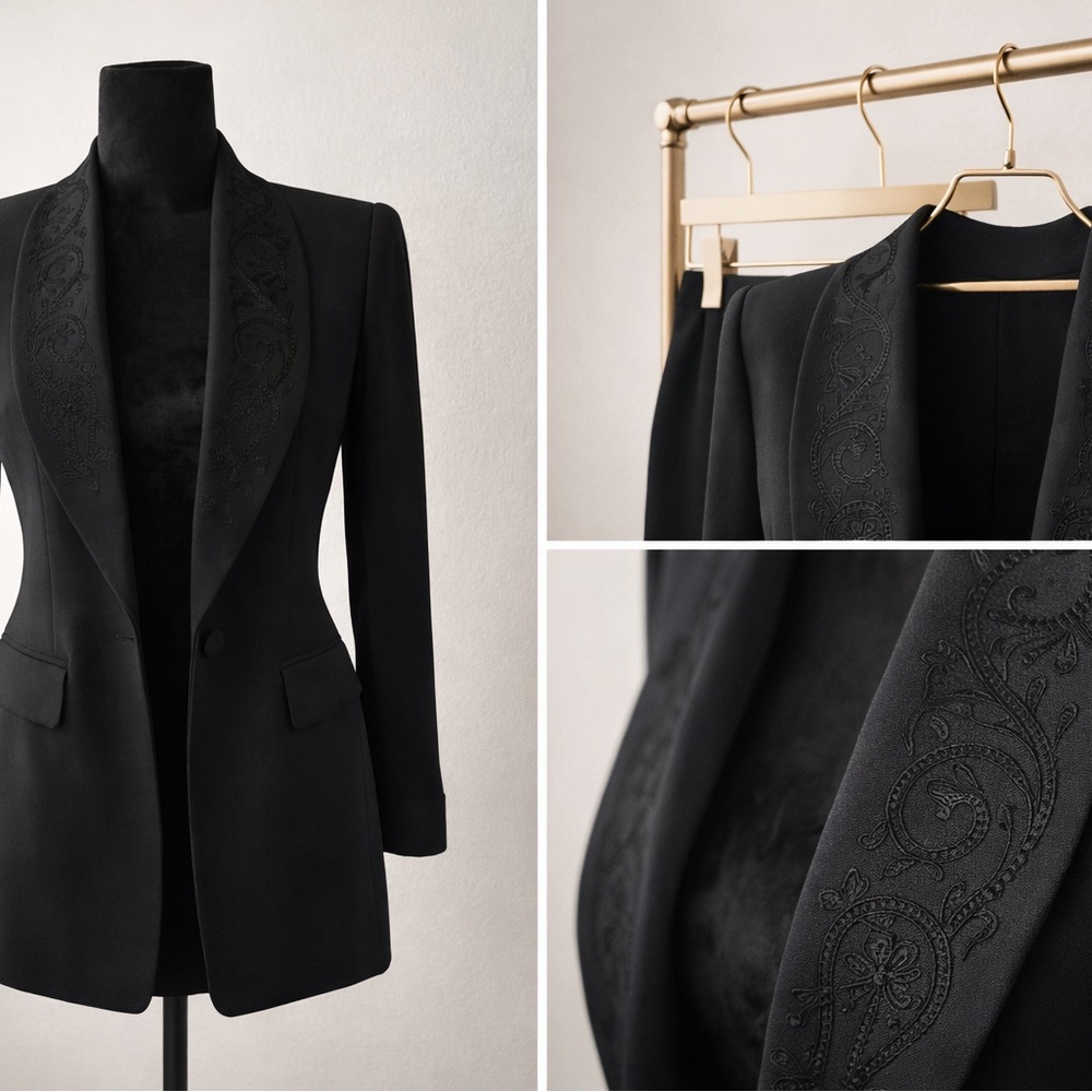 Petite Sophisticate Black Embroidered Blazer and Skirt Set